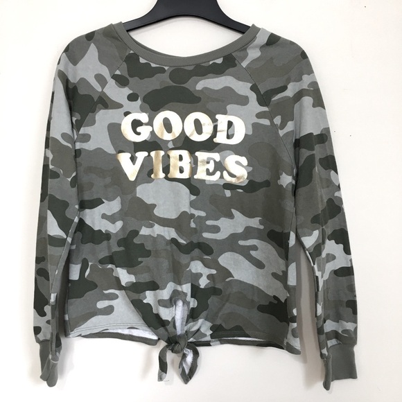 Rebellious One Y2K Green Gray Camouflage Long Sleeve Pullover Cropped Sweatshirt - Picture 1 of 13
